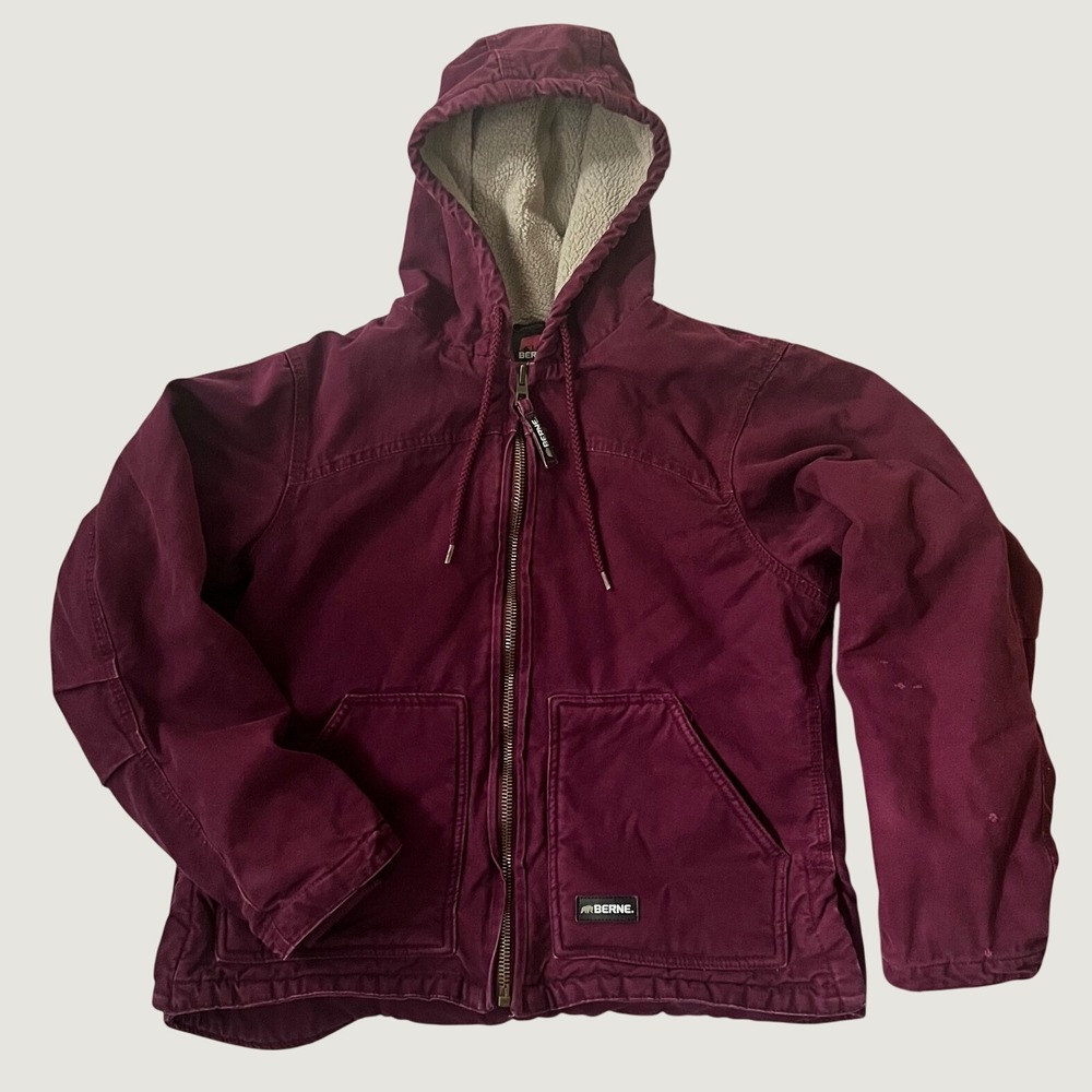 Berne Work Jacket Plum Purple Sherpa Lined Hooded Canvas Size 8-10 Medium